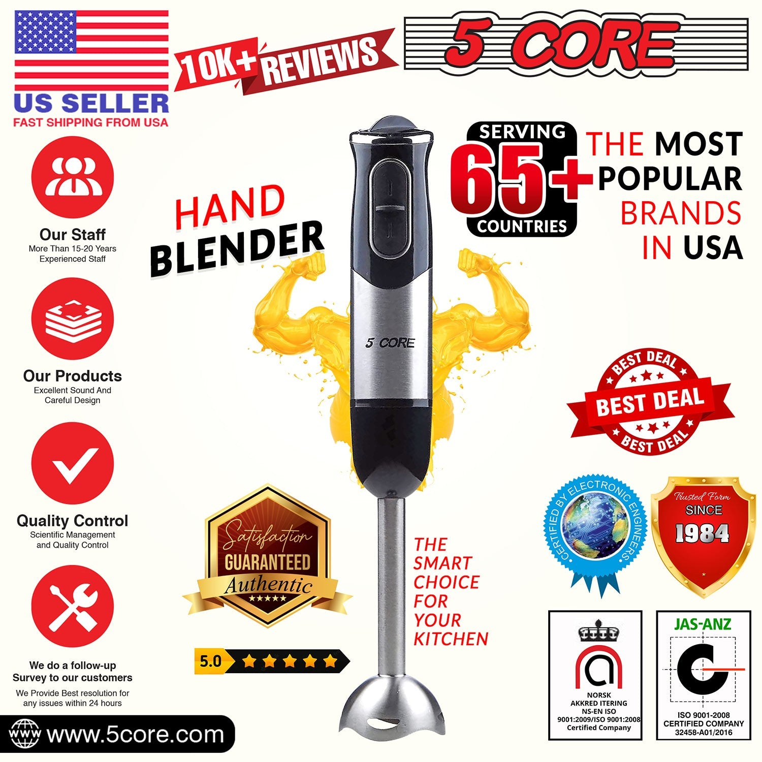 5Core Immersion Hand Blender 500W Stick Handheld Mixer Kitchen Electric Whisk