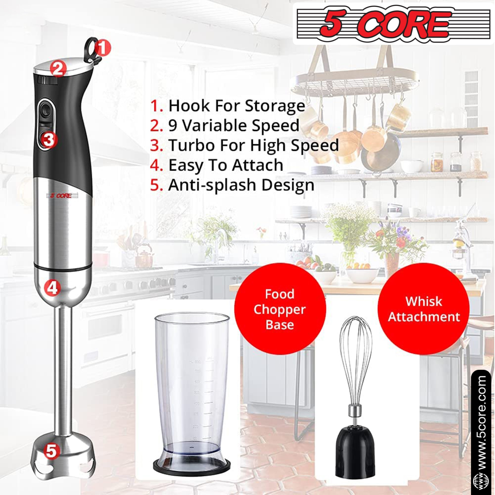 5Core Immersion Hand Blender 500W Stick Handheld Mixer Kitcchen Electric Whisk