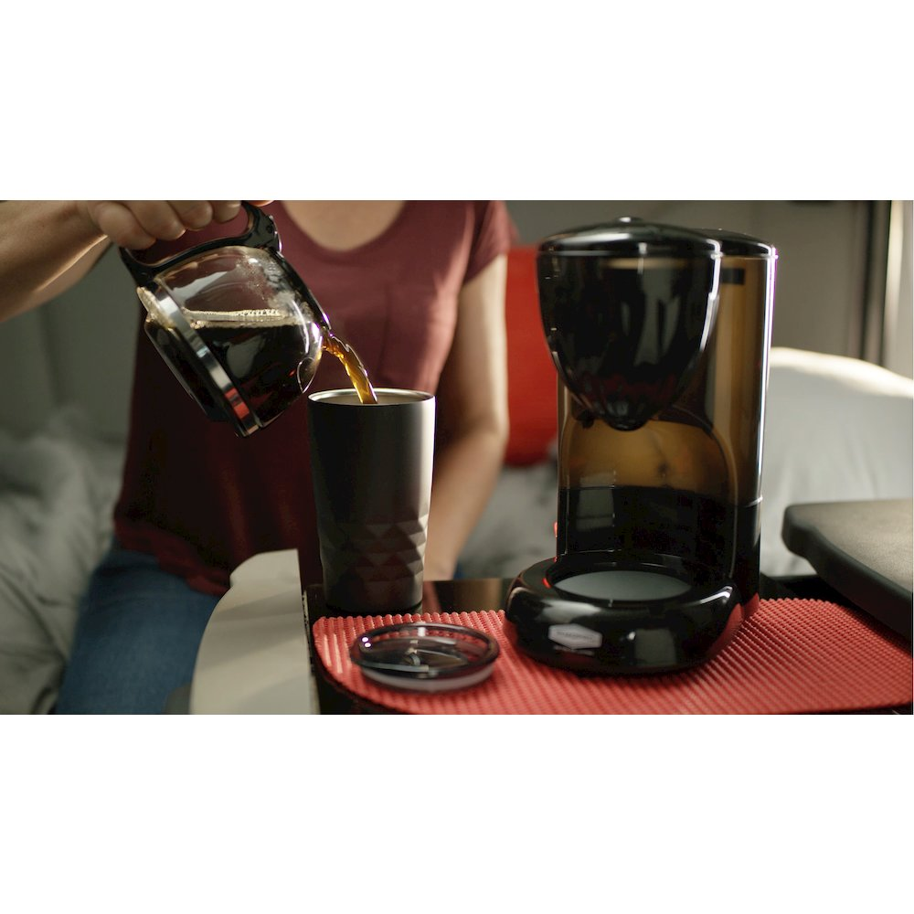 12V Coffee Maker with Glass Carafe Reusable Filter 20oz Capacity Black.