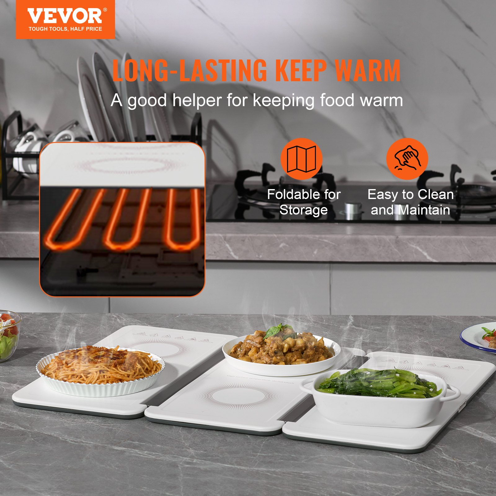 VEVOR Electric Warming Tray, 18.9" x 10.2" Portable Cold Rolled Sheet Heating Tray with Temperature Control (35-100℃), Perfect for Catering, House, Parties, Events, Entertaining and Holiday, White