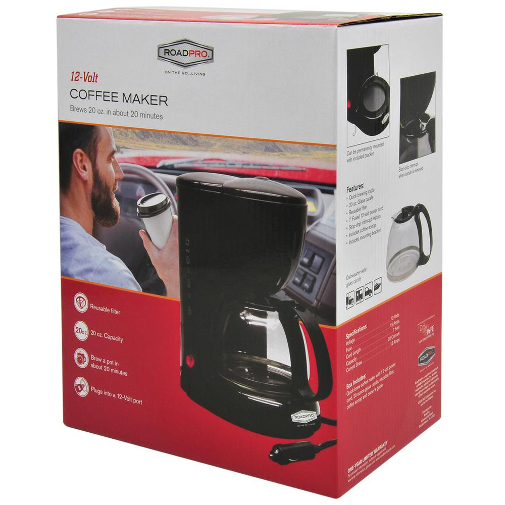 12V Coffee Maker with Glass Carafe Reusable Filter 20oz Capacity Black.