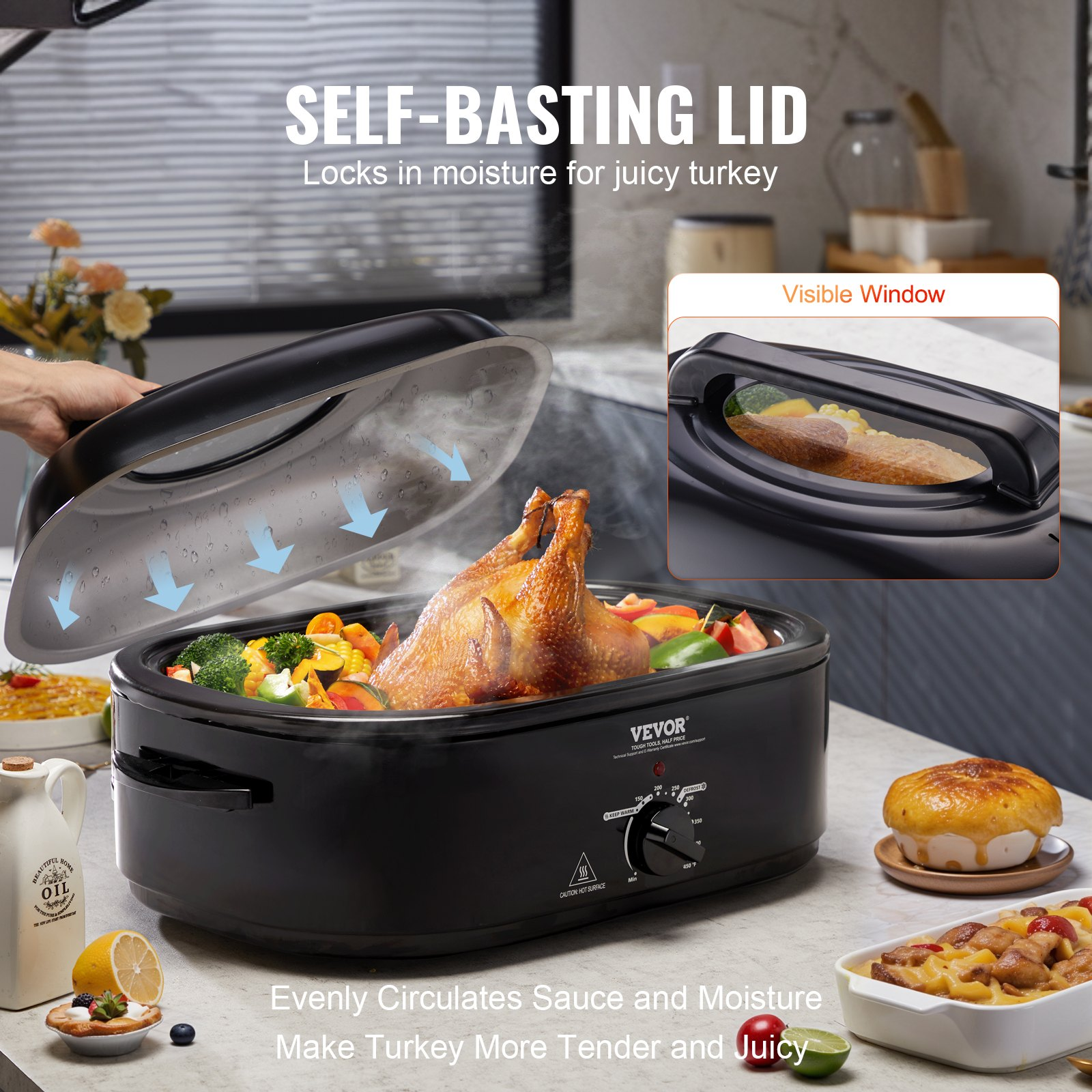 VEVOR Electric Roaster Oven, 24 QT Turkey Roaster Oven with Self-Basting Lid, 1450W Roaster Oven with Defrost & Warm Function, Adjustable Temp, Removable Pan & Rack, Fits Turkeys Up to 28LBS, Black