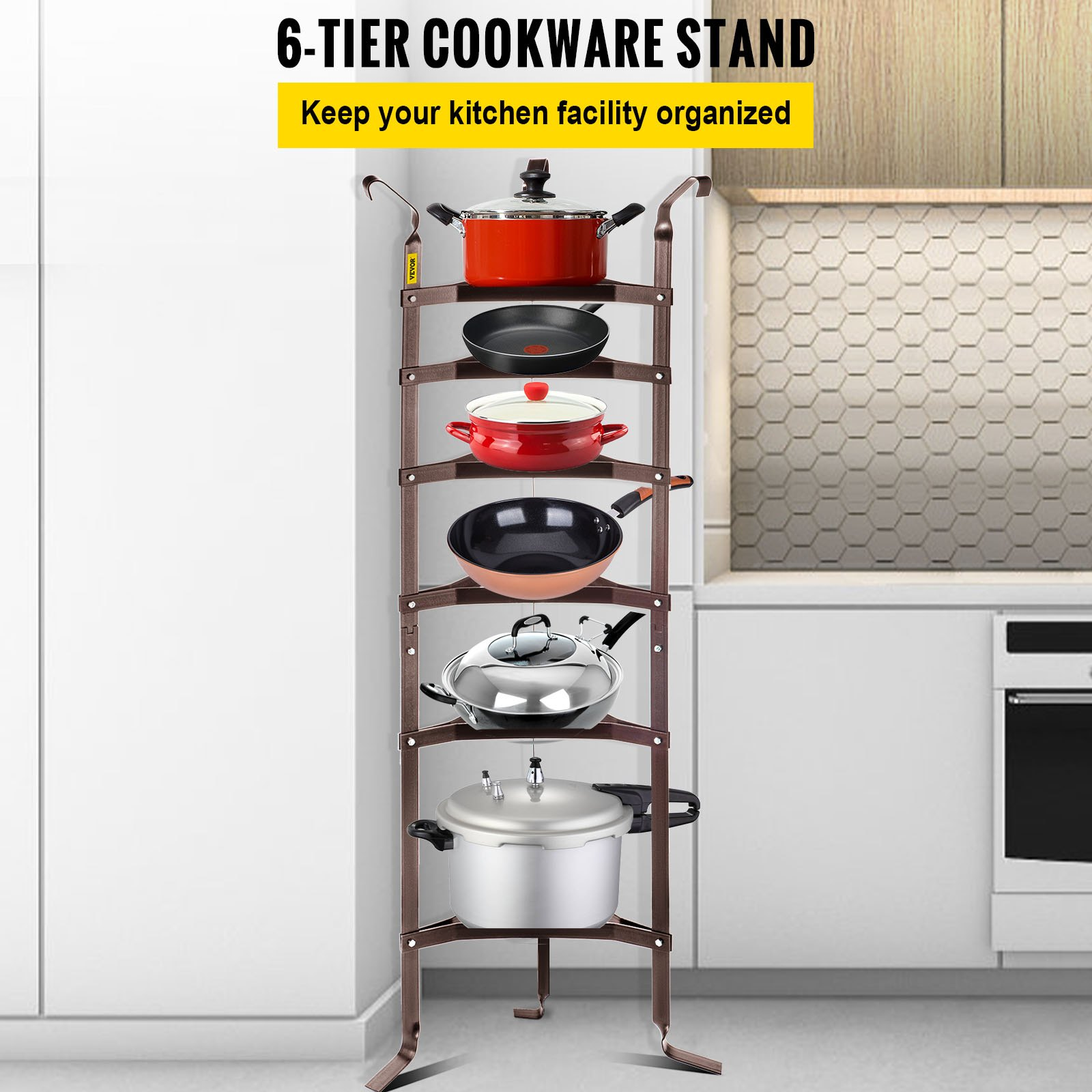 VEVOR 6-Tier Cookware Stand, Carbon Steel Multi-Layer Pot Rack, 61-inch Cookware Shelf, Bronze Cookware Storage Tower, Unassembled Kitchen Corner Shelf Rack for Pans, Pots, Baskets and Kettles Storage