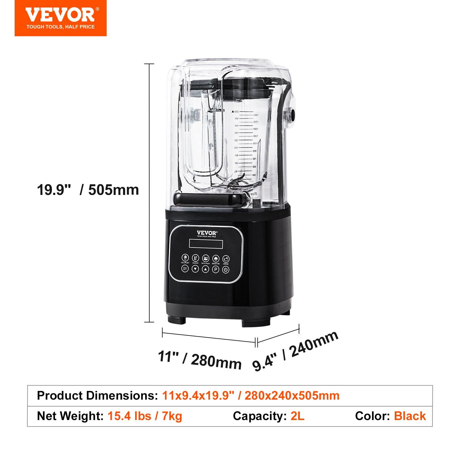 VEVOR Professional Blender with Shield, Commercial Countertop Blenders, 68 oz  Blender Combo, Stainless Steel 9 Speed & 5 Functions Blender, for Shakes, Smoothies, Peree, and Crush Ice, Black