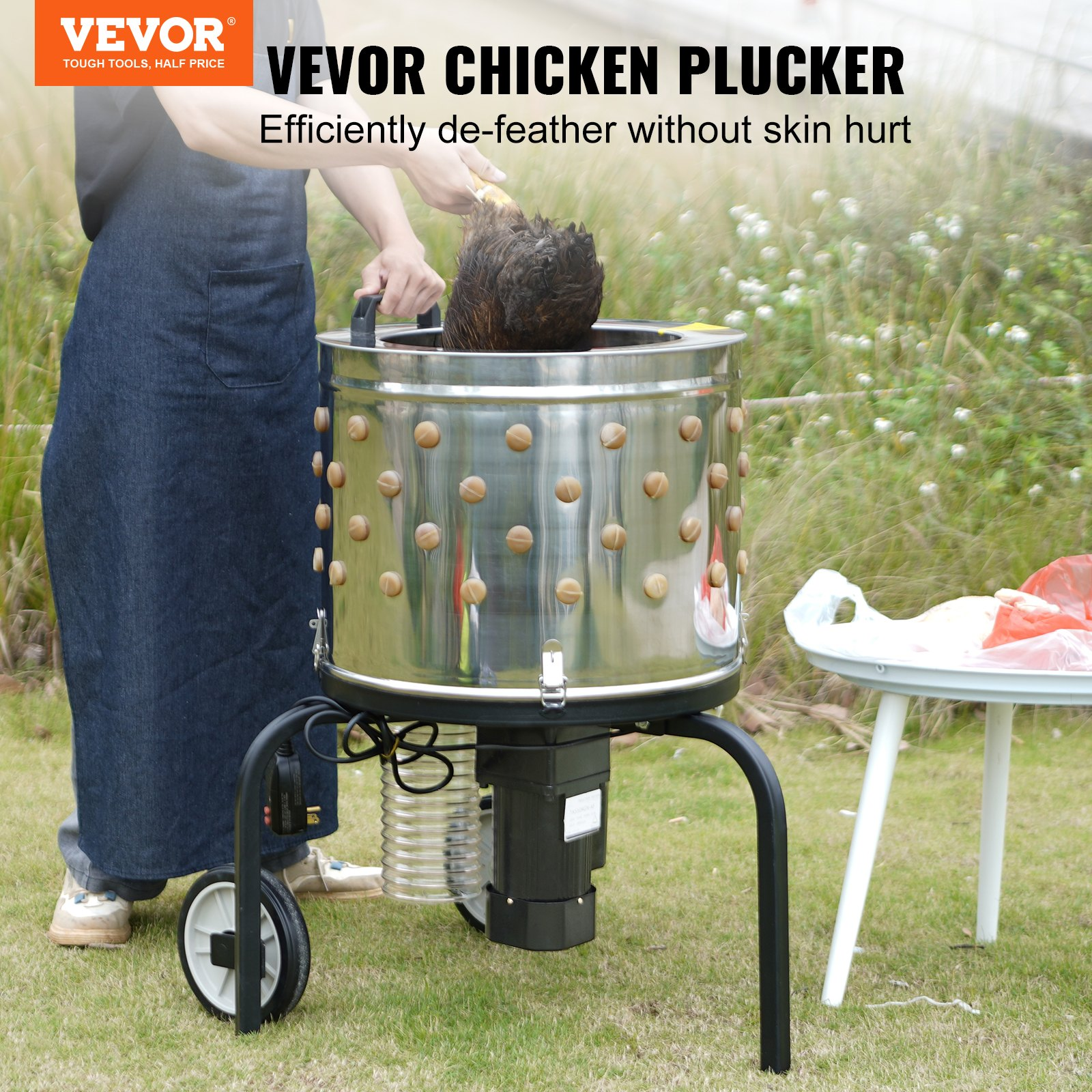 VEVOR Chicken Plucker Machine, Feather Plucker with 20-inch Stainless Steel Drum, Defeathering Equipment with 108 Soft Fingers, Simple Debris Collection, 500W High Power Poultry Plucking