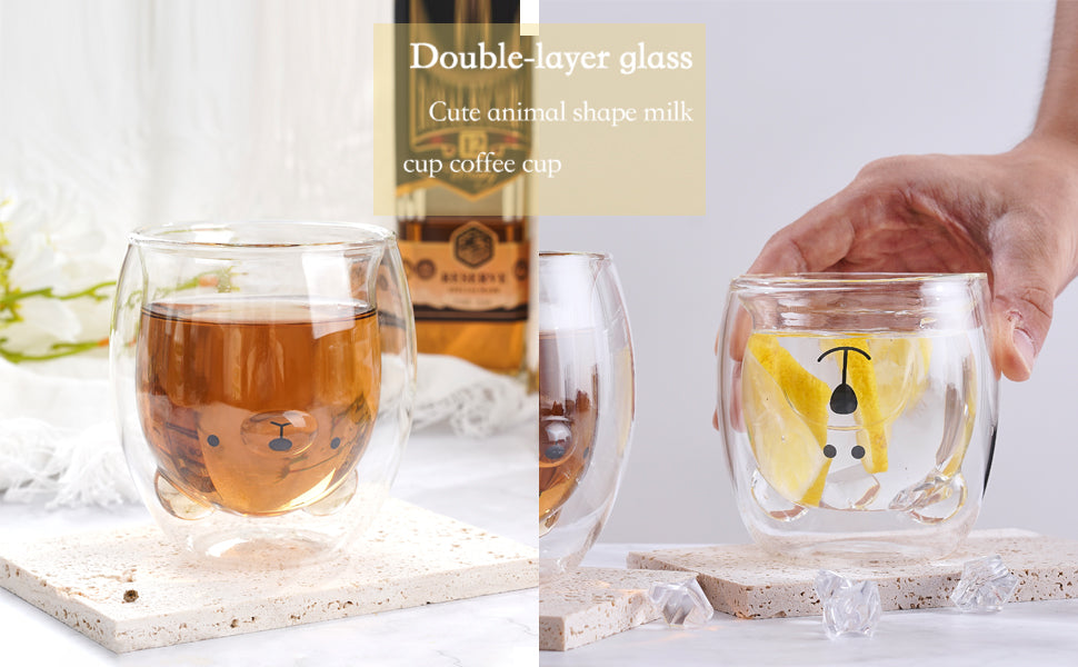 8.45 oz Creative Cute Bear Double-layer Coffee Mug, Double Glass Cup, Cartoon Animal Milk Glass, Cute Bear Cat Duck Dog