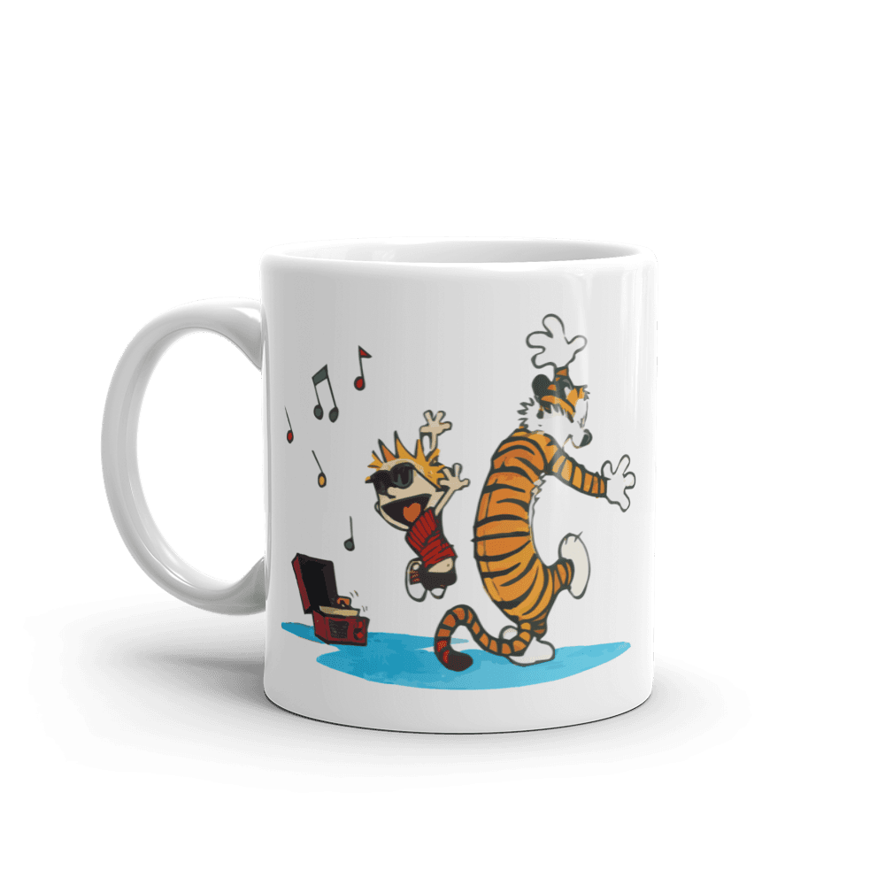 Calvin and Hobbes Dancing with Record Player Mug.