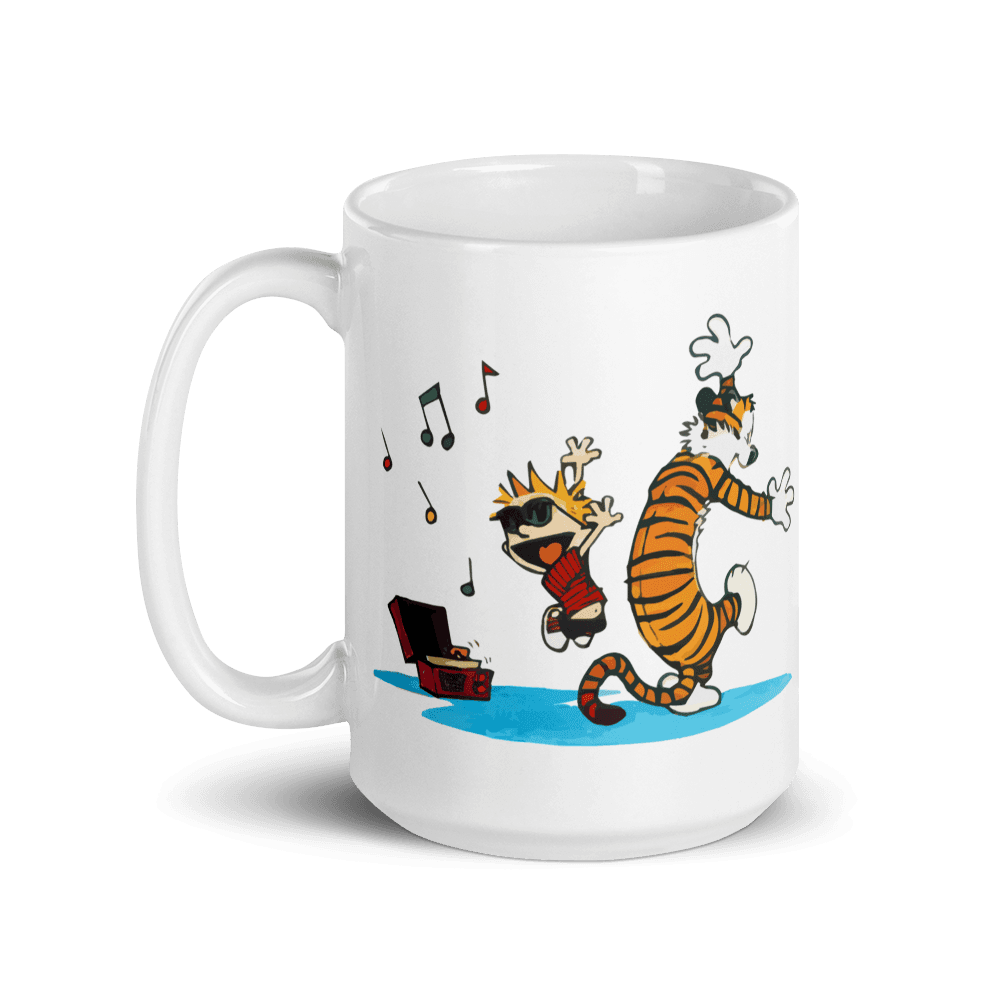 Calvin and Hobbes Dancing with Record Player Mug.