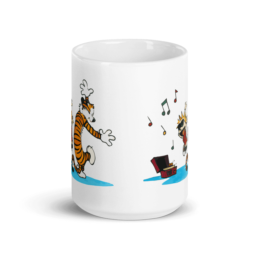 Calvin and Hobbes Dancing with Record Player Mug.