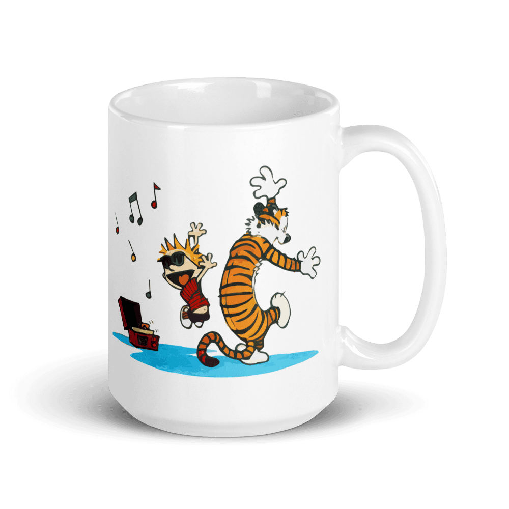 Calvin and Hobbes Dancing with Record Player Mug.