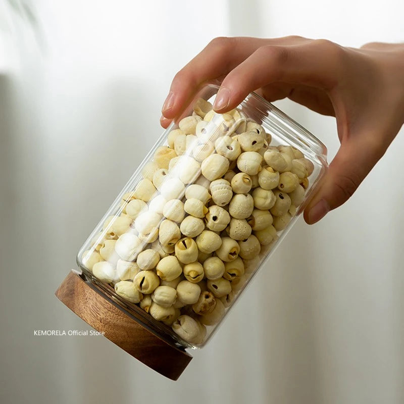 Wooden Lid Glass Airtight Food Storage Bottle Jars.