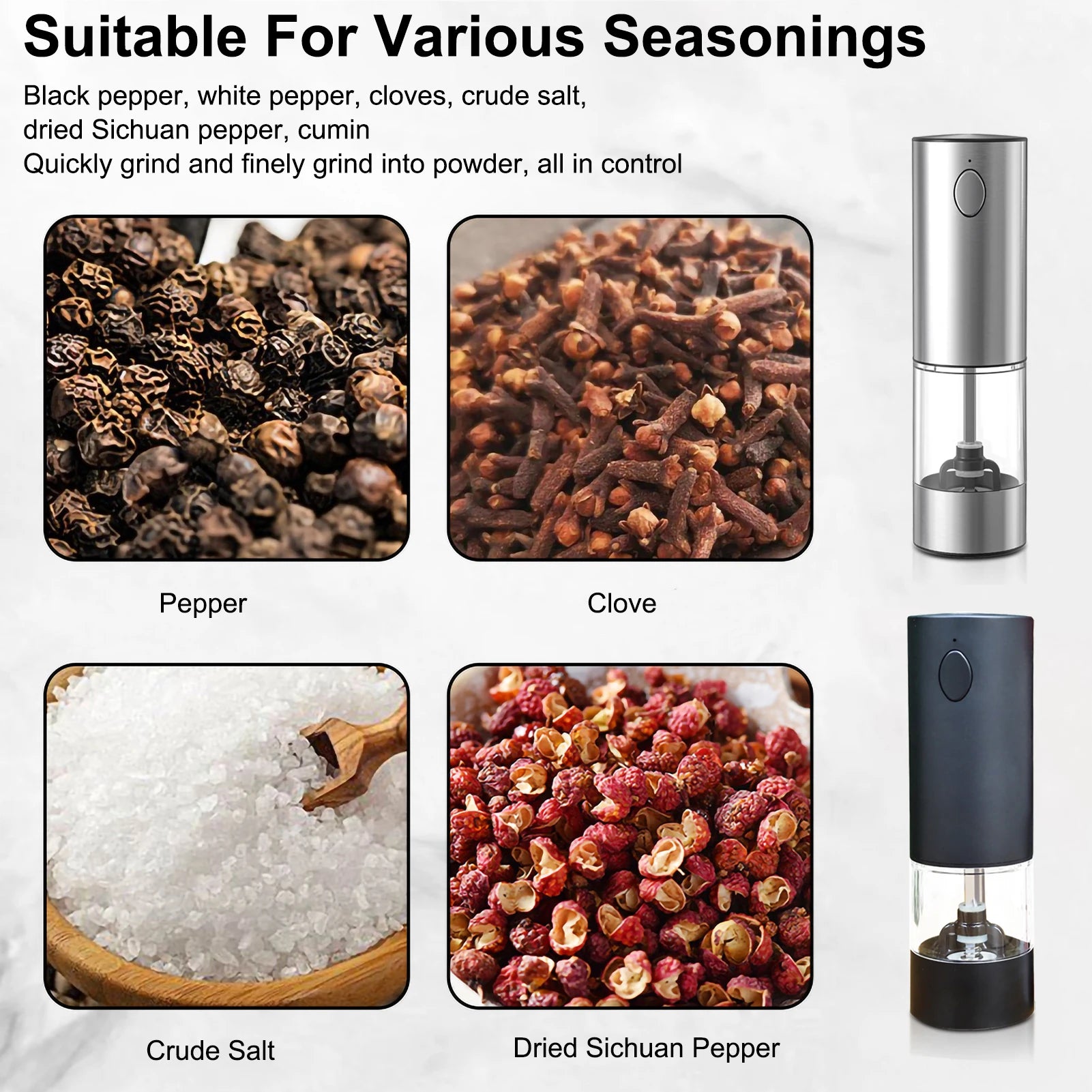 Electric Sea Salt and Pepper Grinder Set Or Single, USB Rechargeable Adjustable Thickness Automatic Spice Dispenser.