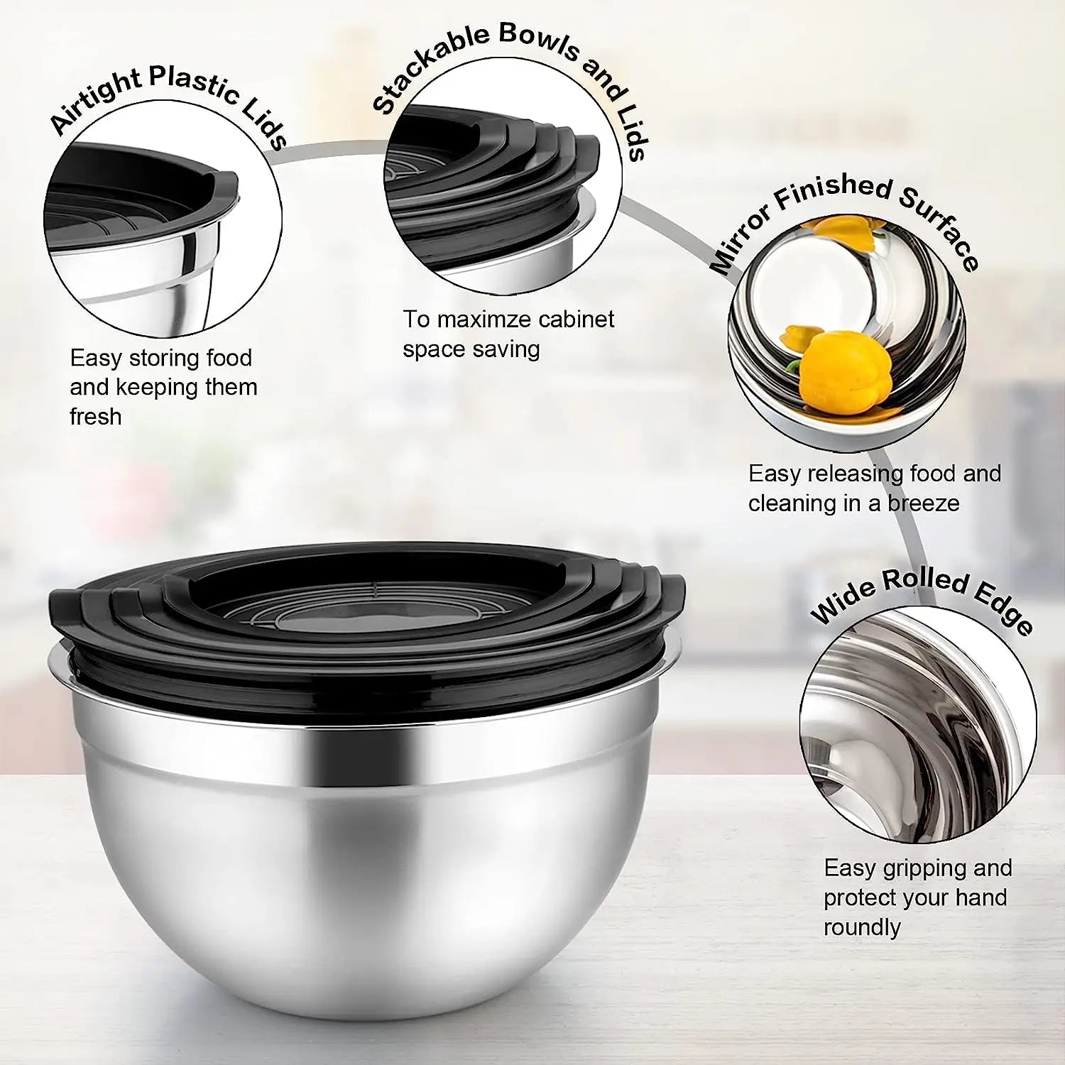 Mixing Bowl Set of 5, Stainless Steel Nesting Bowls for Kitchen Baking, Serving, Airtight Lids, Heavy Duty & Dishwasher Safe