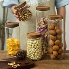 Wooden Lid Glass Airtight Food Storage Bottle Jars.