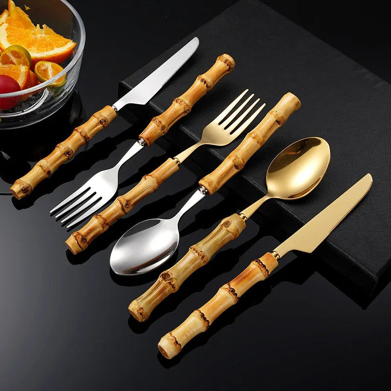 Dinnerware Sets Original Nature Bamboo Handle Stainless Steel Upscale Cutlery Fork Spoon