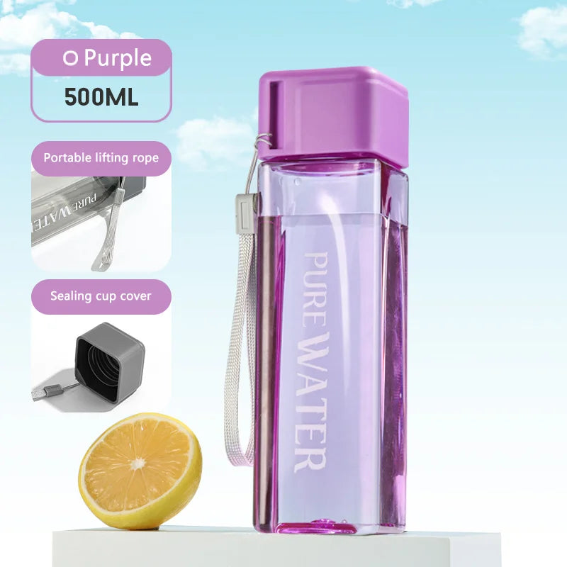 Simple Square Water Bottle 16.9oz-500ml Personalized 500ml Portable Creative Portable Cup Leak Proof Heat-Resistant Plastic Sport Bottle.