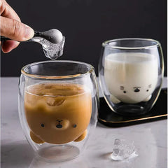 8.45 oz Creative Cute Bear Double-layer Coffee Mug, Double Glass Cup, Cartoon Animal Milk Glass, Cute Bear Cat Duck Dog