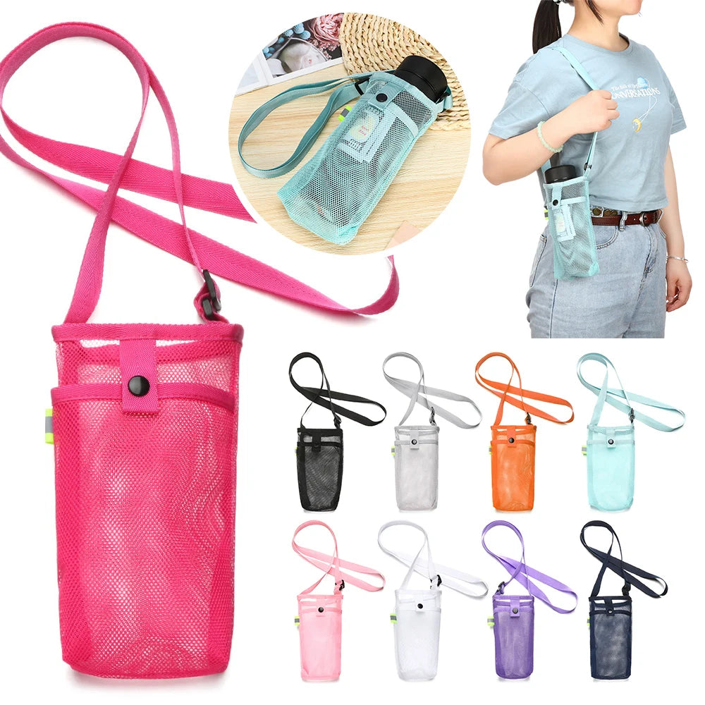 Portable Sport Water Bottle Cover With Strap Cup Sleeve, Mesh Cup Pouch, Mobile Phone Bag, Visible Bag Outdoor Camping