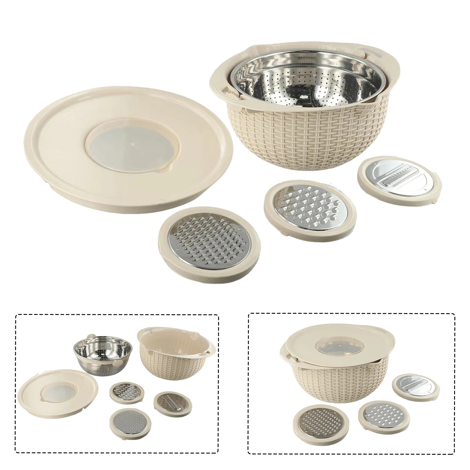 4 IN 1 Stainless Steel Colander With Mixing Bowl Set Multifunctional Double Layer Rotatable Salad Spinner.