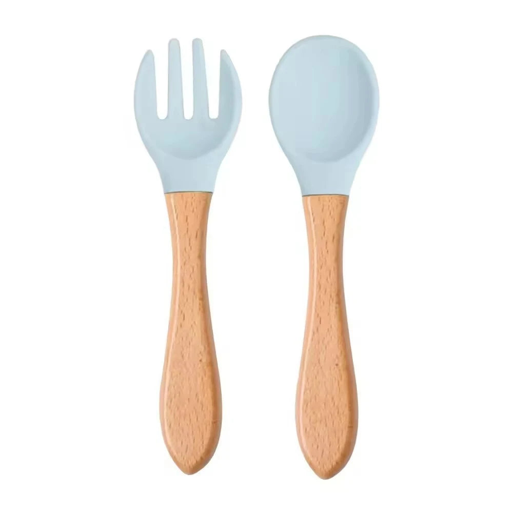 Food-grade Silicone Baby Products Baby Eating Spoon and Fork Set. Training Tableware.