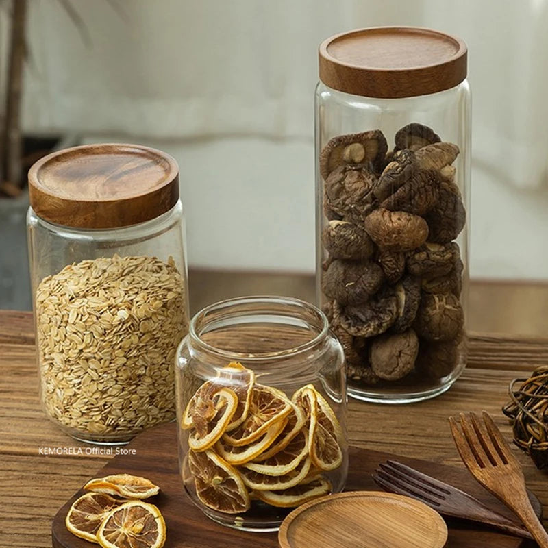 Wooden Lid Glass Airtight Food Storage Bottle Jars.