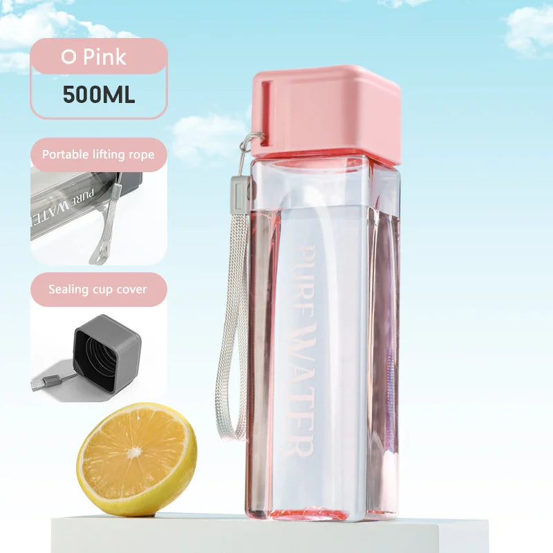 Simple Square Water Bottle 16.9oz-500ml Personalized 500ml Portable Creative Portable Cup Leak Proof Heat-Resistant Plastic Sport Bottle.