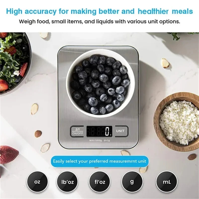 5kg - 11Lb / 10kg - 22Lb Precise Small And Portable Stainless Steel Digital Kitchen Panel Scale, USB Charging Multifunction LCD Display.