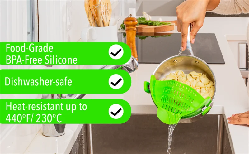 Clip-On Colander / Strainer For Pasta And Beef Grease.