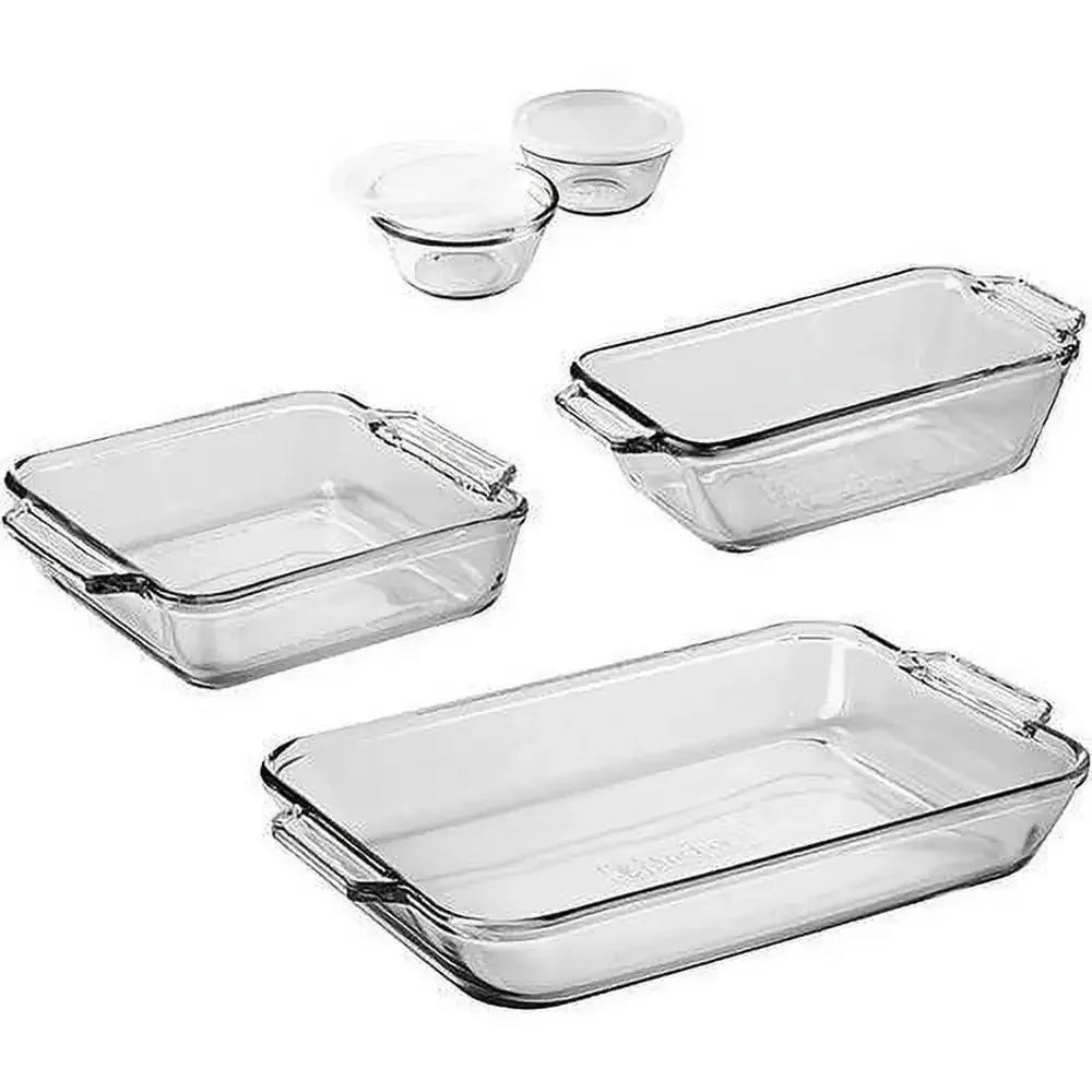 Glass Bakeware Set 7-Piece. All-Inclusive Kitchen Essentials Rectangular Baking Pan Cake Pan Loaf Pan Custard Cups with Lids.