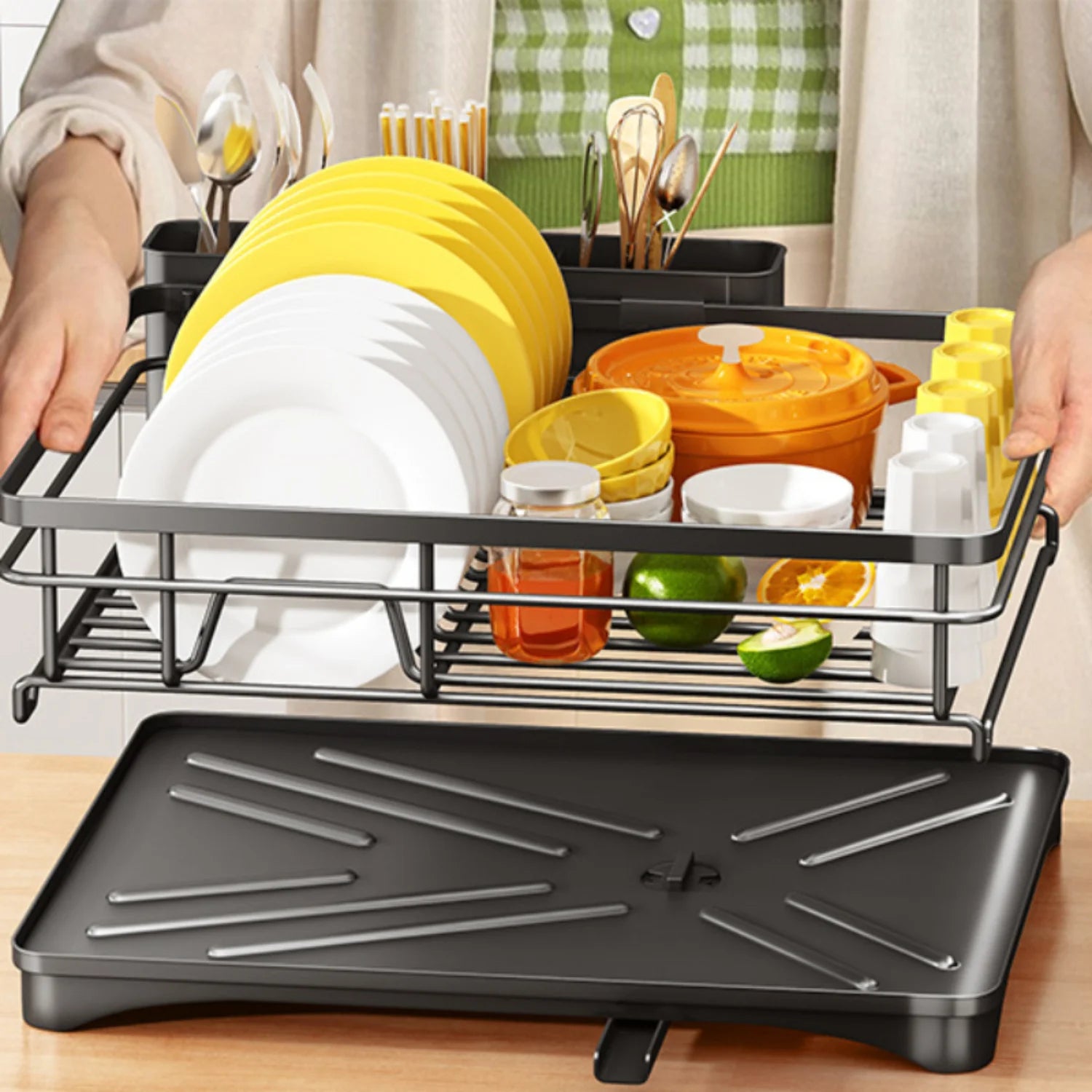 Dish Rack, Single Layer Dish Drying Rack, Large Capacity Dish Rack With Drain Board, Rustproof Dish Drainer With Utensil Holder.