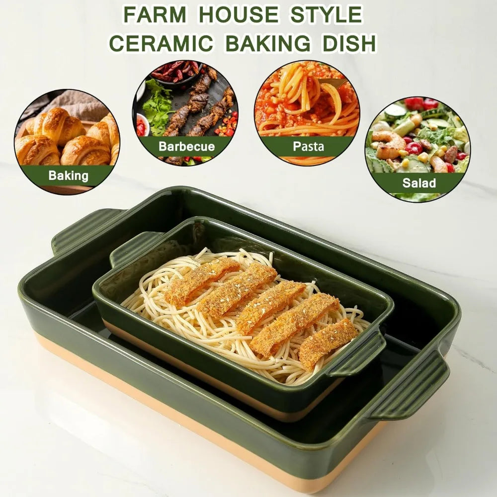 Ceramic Bakeware Set, Rectangular Casserole Dish Set, lasagna Pan, 2 Baking Pans Set for Cooking, Kitchen Dinner, 9 x 13 Inch