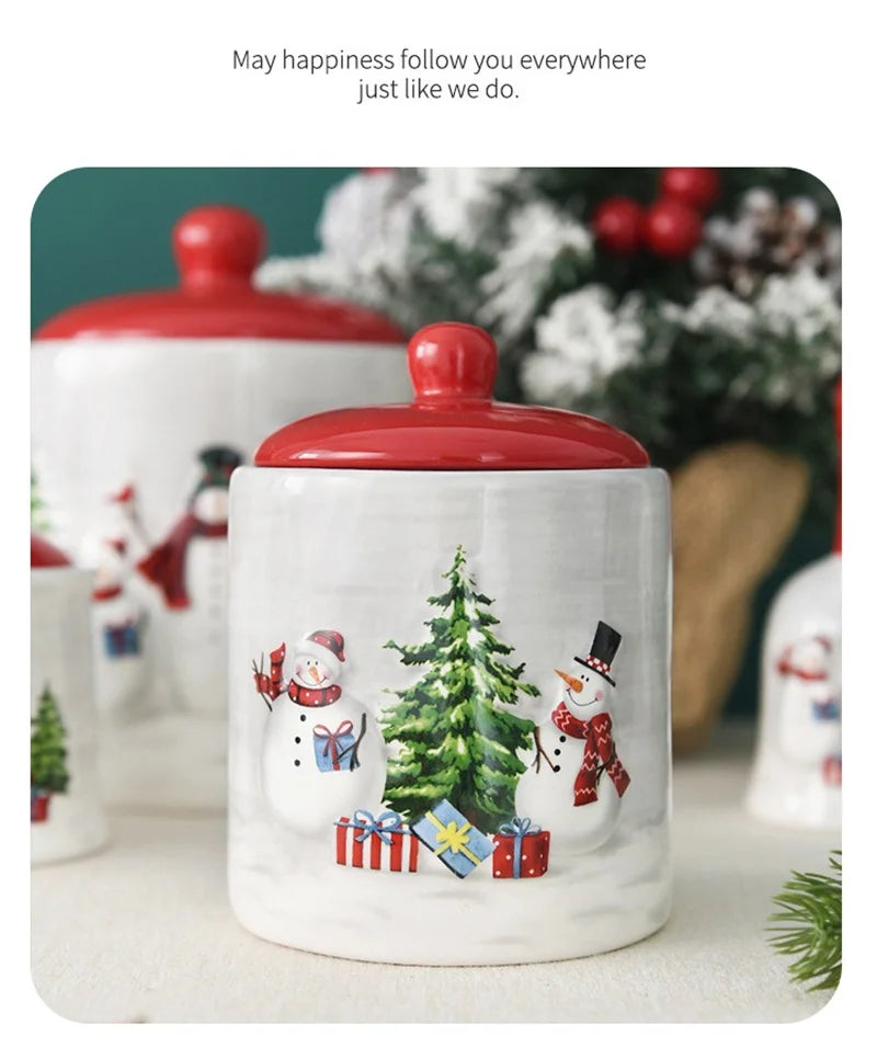 600/1150ml Sealed Ceramic Jar Nordic Christmas Snowman Storage Jar Grain Nut Snacks Candy Coffee Bean Storage Jar Christmas Gift