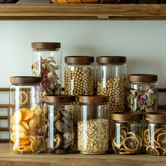 Wooden Lid Glass Airtight Food Storage Bottle Jars.