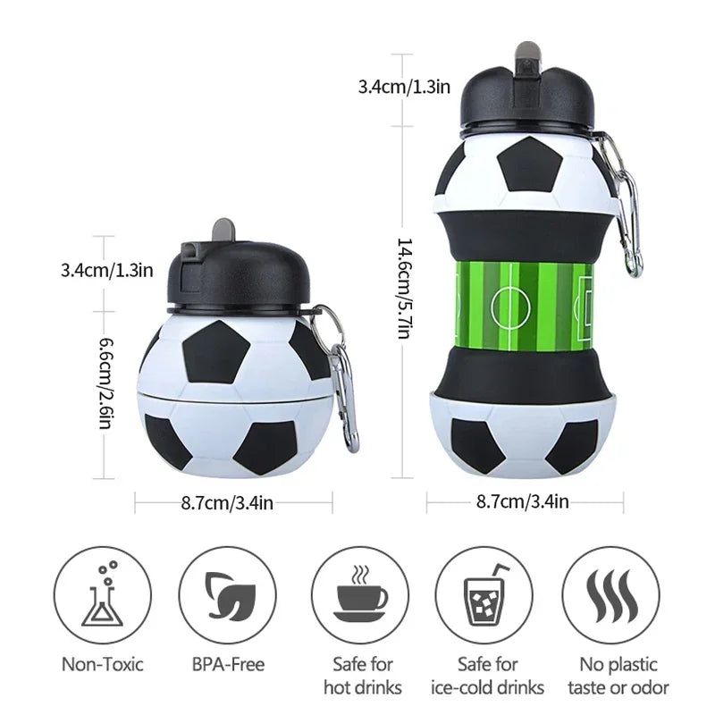 550ml - 18oz Foldable Football/Soccer/Basketball Silicone Water Bottle, Children/Student Outdoor Sports Water Bottle.