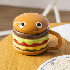 300ml / 10.14oz Ceramic Cup Creative Hamburger Coffee Cup Cute Cartoon Children's Mug Breakfast Oatmeal Milk Cups with Lid Home Cups