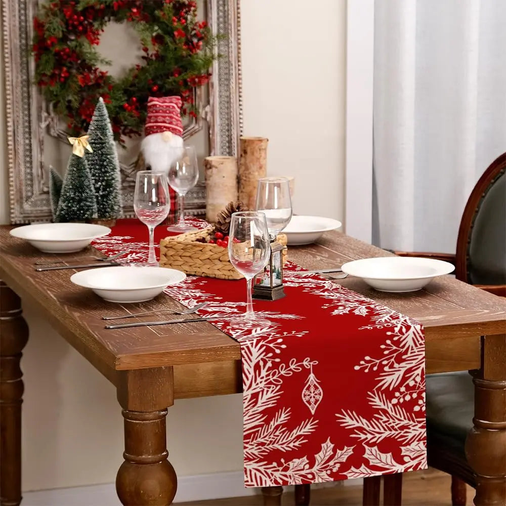 Christmas Floral Leaf Red Linen Table Runner, Winter Holiday Kitchen Dining Table Runner, Navidad Decorations