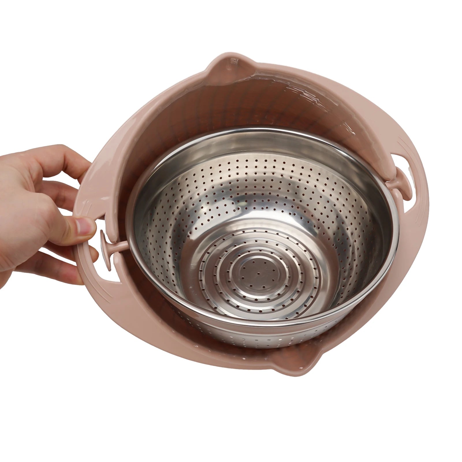 4 IN 1 Stainless Steel Colander With Mixing Bowl Set Multifunctional Double Layer Rotatable Salad Spinner.