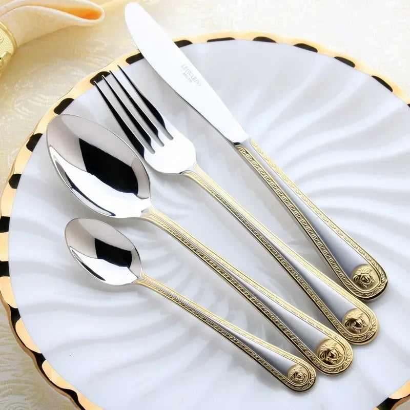 24 PCS Vintage Western Gold Plated Dinnerware Dinner Fork Knife Set Golden Cutlery Set Stainless Steel Engraving Tableware For Six.