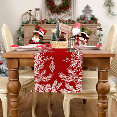 Christmas Floral Leaf Red Linen Table Runner, Winter Holiday Kitchen Dining Table Runner, Navidad Decorations