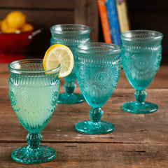 12-Ounce Footed Glass Goblets, Set Of 4, Turquois.