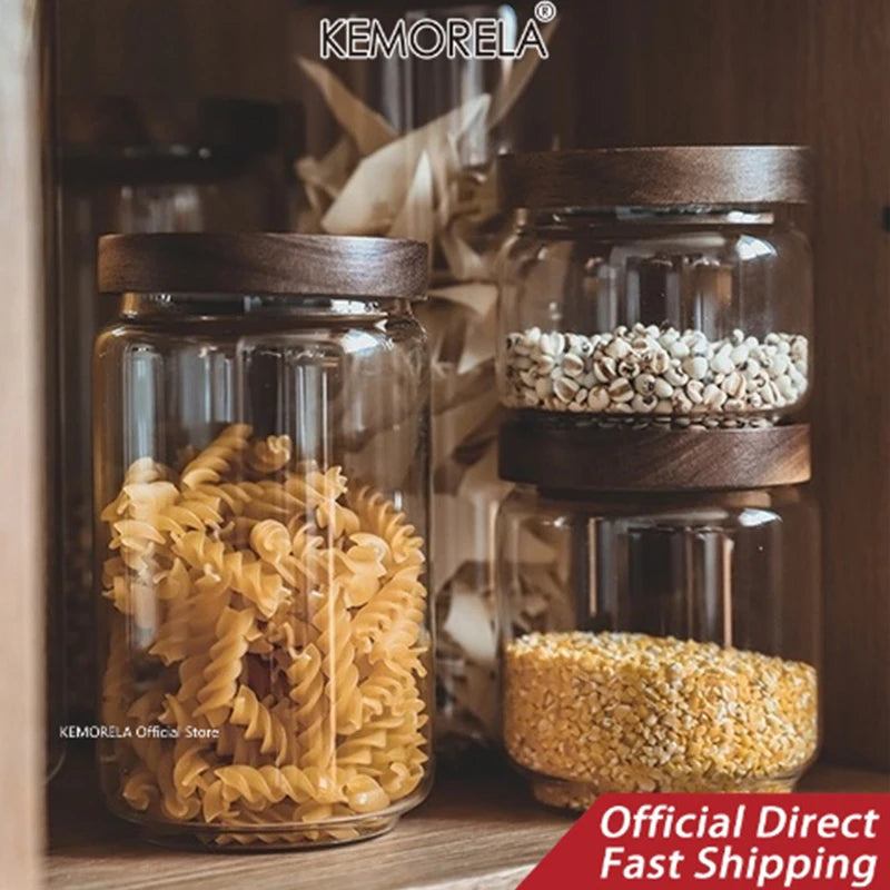 Wooden Lid Glass Airtight Food Storage Bottle Jars.