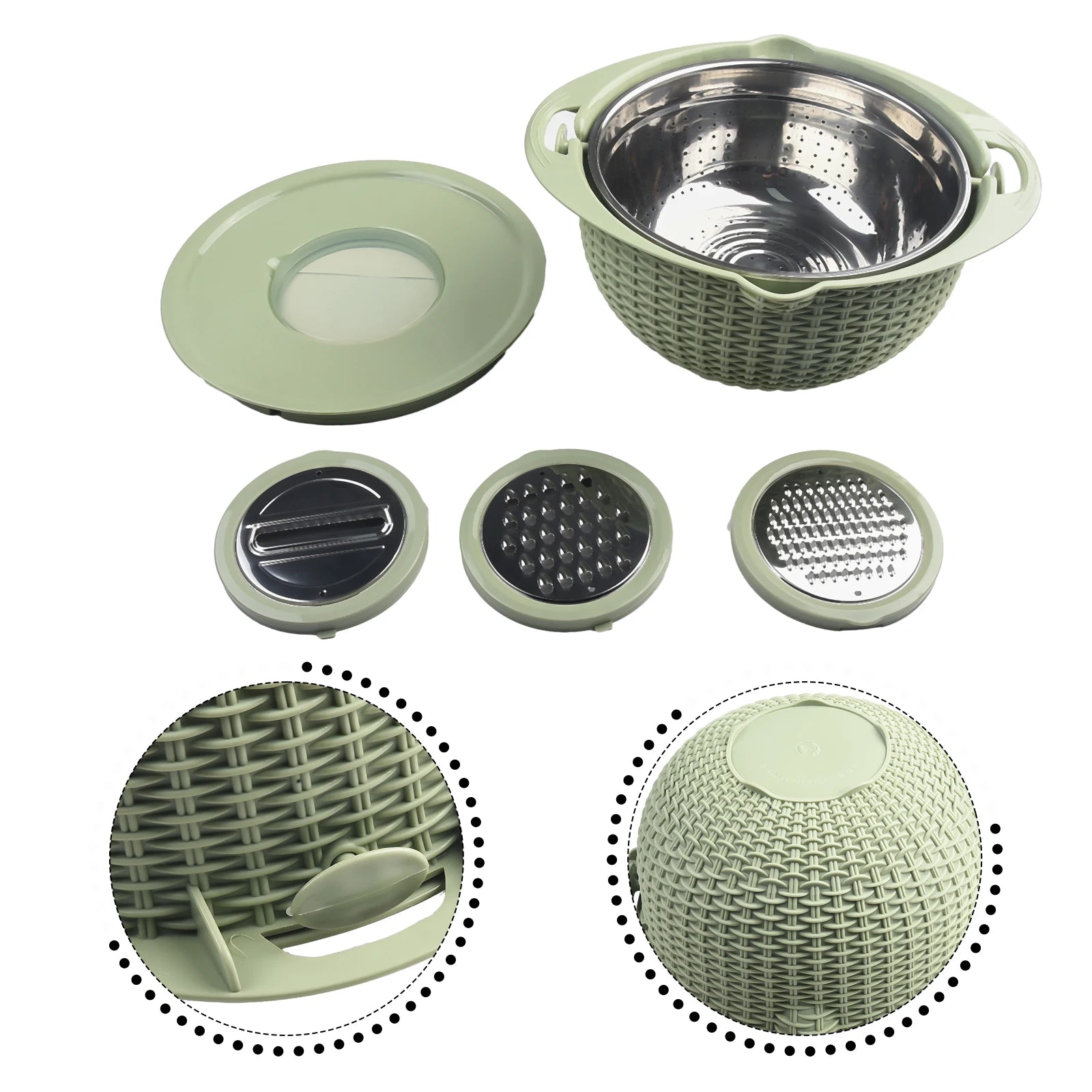 4 IN 1 Stainless Steel Colander With Mixing Bowl Set Multifunctional Double Layer Rotatable Salad Spinner.