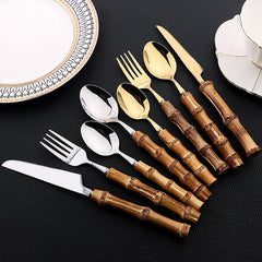 24Pcs Bamboo Tableware Sets Stainless Steel Bamboo Cutlery Set Purely Natural Handle Flatware Set.