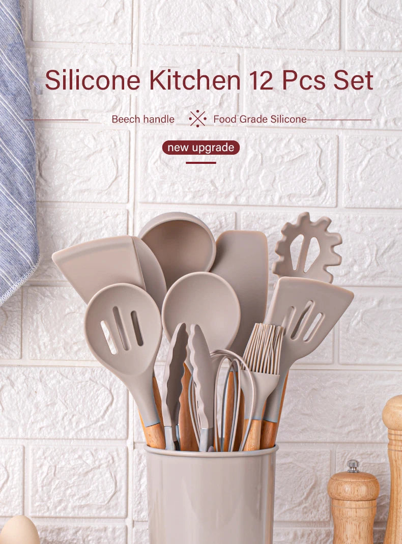 12pcs Set of Silicone Wooden Handle, Heat Resistant Cooking Utensils.