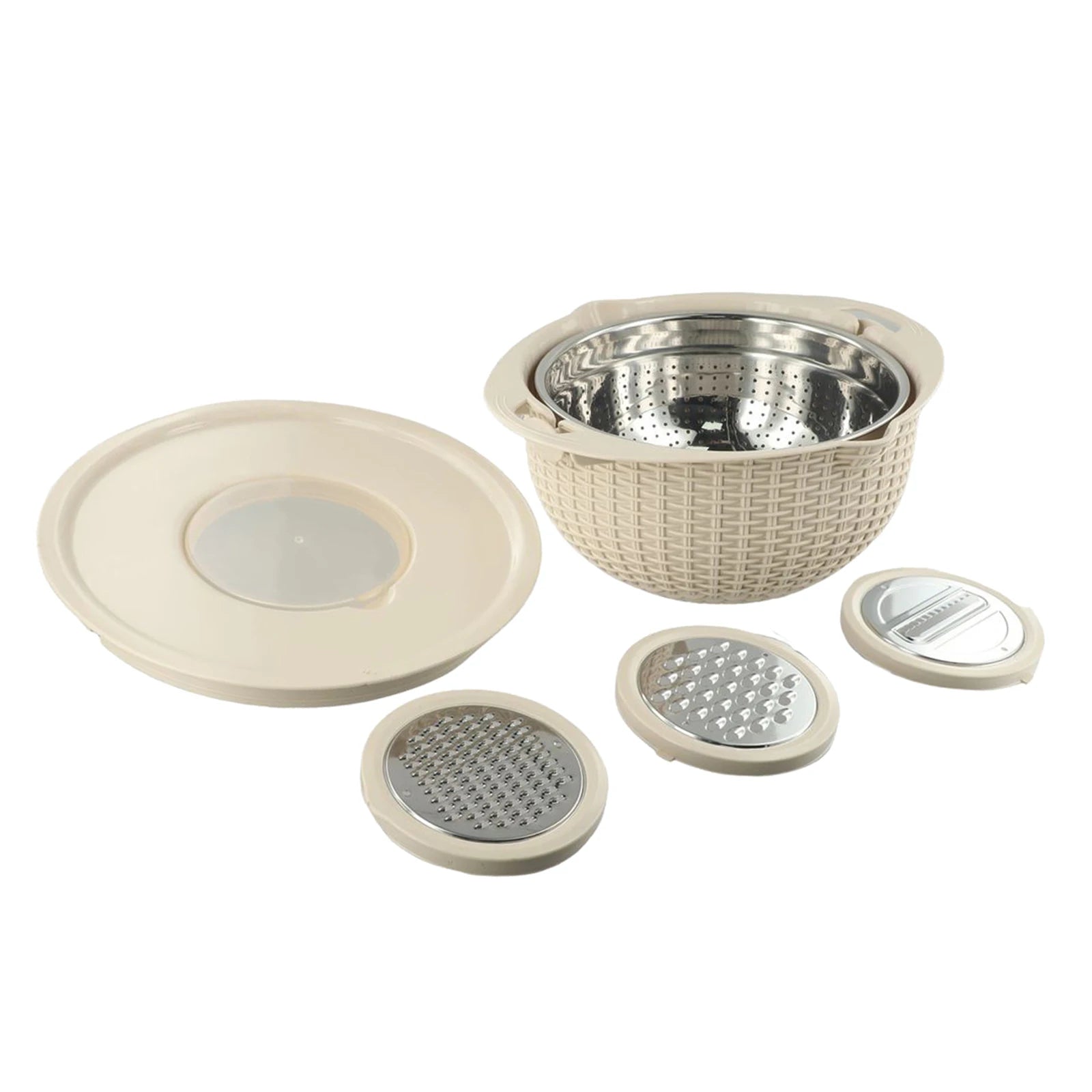 4 IN 1 Stainless Steel Colander With Mixing Bowl Set Multifunctional Double Layer Rotatable Salad Spinner.