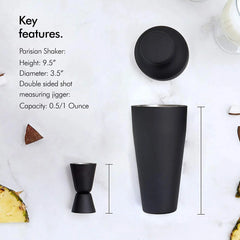 Parisian Matte Black 9 Piece Stainless Steel Cocktail Shaker Set.