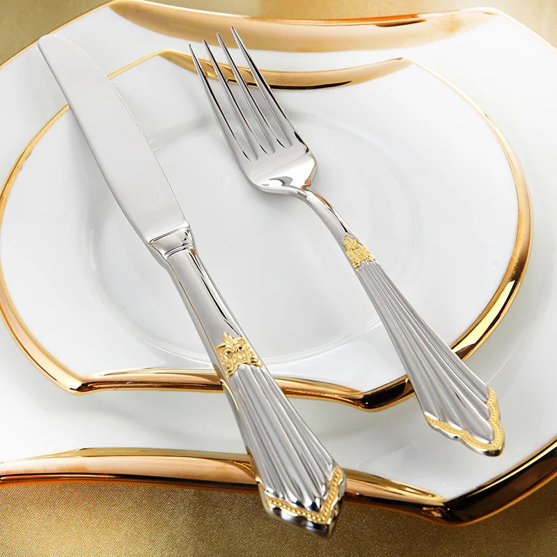 4Pcs Luxury Partial Gold Cutlery, Dinnerware And Tableware Dinner Set For One.