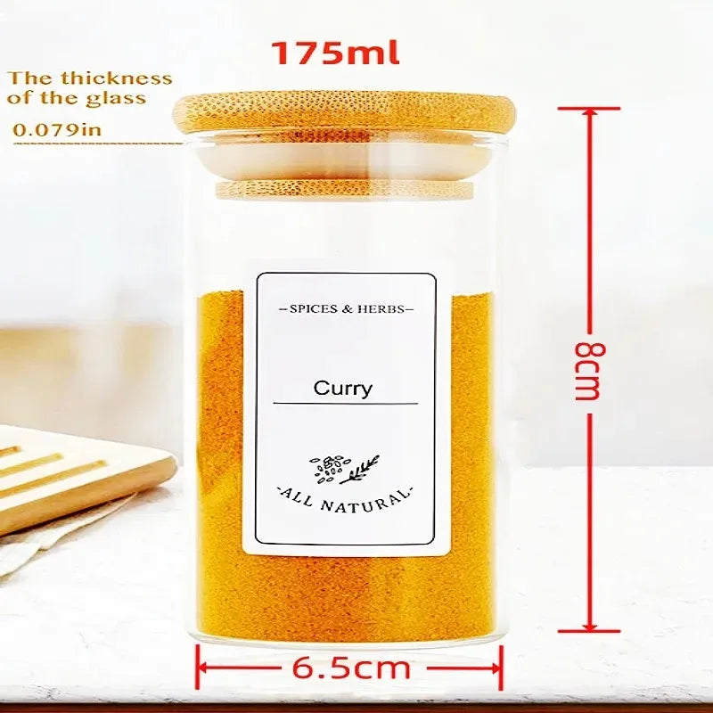 12 Pcs Square or Round Glass Food Storage Containers, Glass Seasoning Jars with Bamboo Lid and Printed Labels.