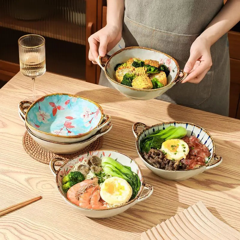 Japanese Ceramic Bowl 7.5inch Hand Painted Soup Noodle Bowl with Handle Irregular Bowl Breakfast Bowl for Microwave, Oven, Bakeware.