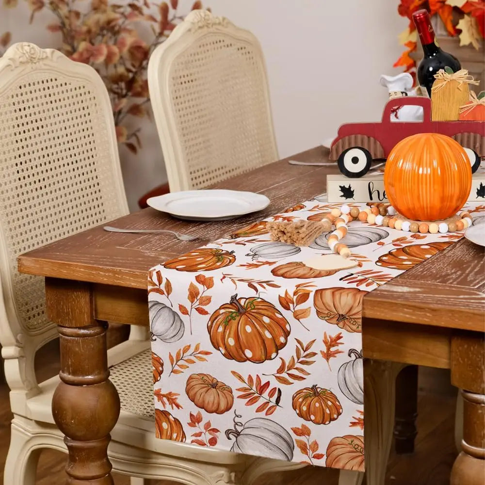 Fall Linen Table Runner Pumpkin Maple Leaves Orange Autumn Seasonal Farmhouse Indoor